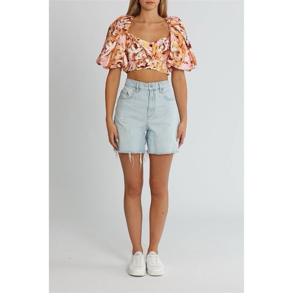 Acler Withington Top Size 2 NWOT Puff Sleeve Abstract Floral Crop Blouse